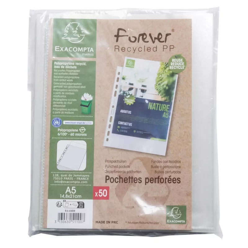 Exacompta Forever buste perforate A5 confezione da 50 trasparente goffrata 0,06 mm