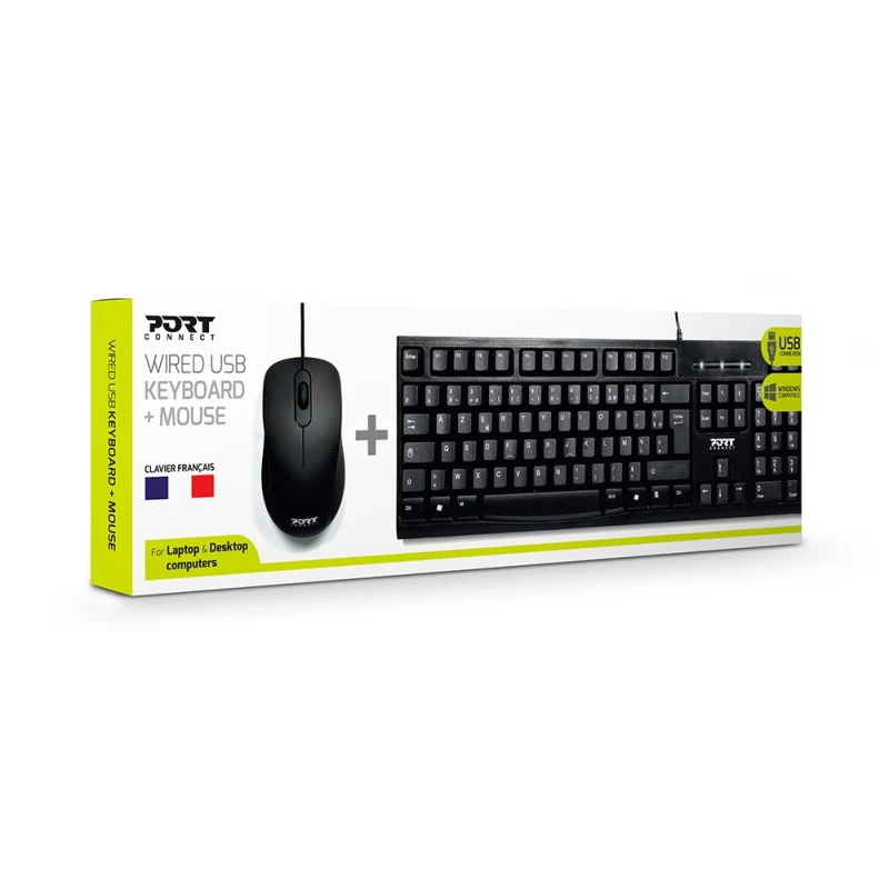 PORT Designs 900900 combo tastiera e mouse USB cablati full-size, layout AZERTY, nero