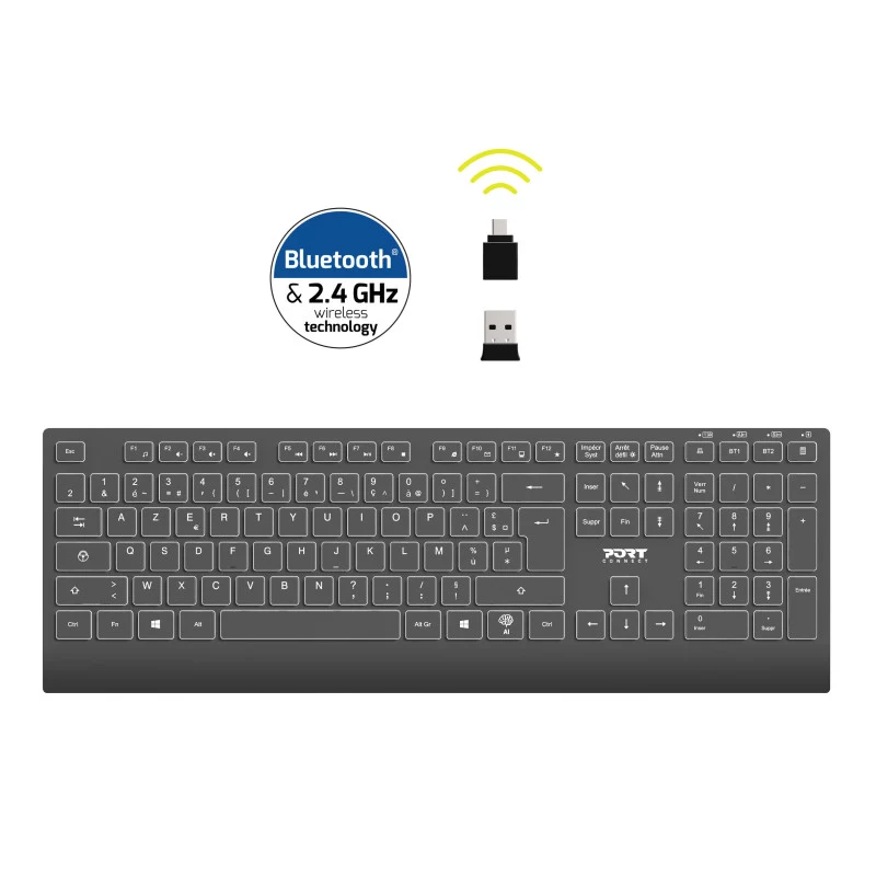 PORT Designs tastiera wireless ricaricabile illuminata - layout francese AZERTY - nera