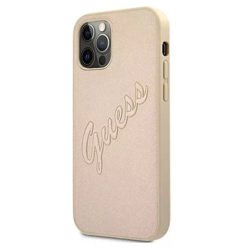 Guess Saffiano Vintage Script Custodia rigida per Apple iPhone 12 Pro Max 6,7 pollici - oro