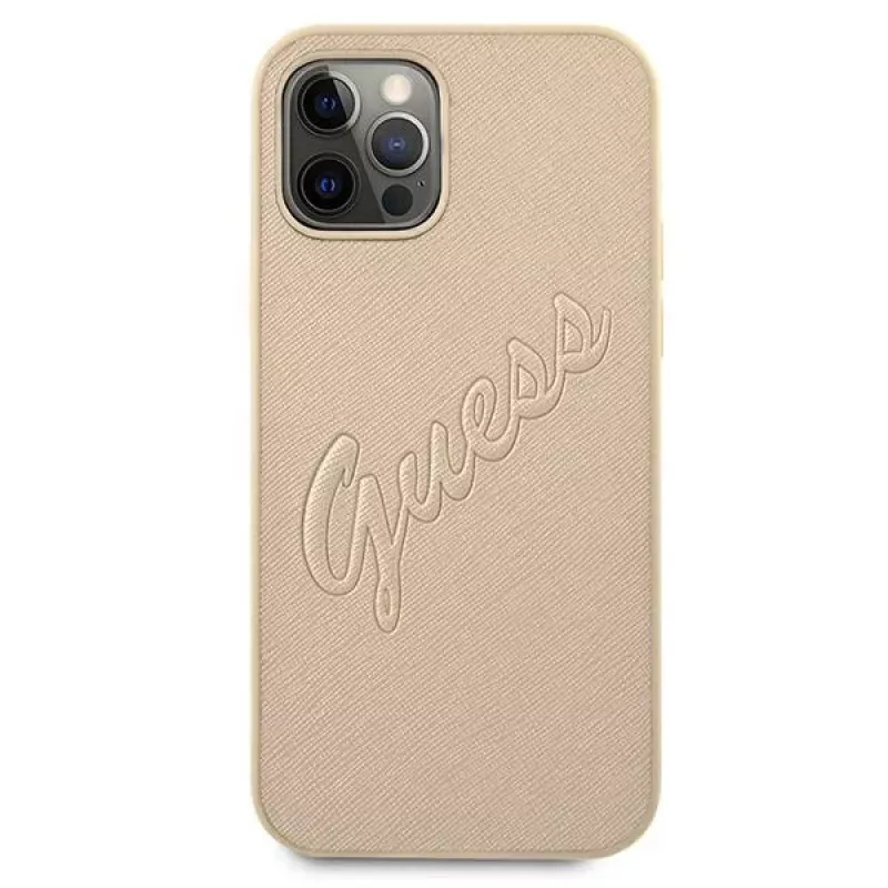 Guess Saffiano Vintage Script Custodia rigida per Apple iPhone 12 Pro Max 6,7 pollici - oro