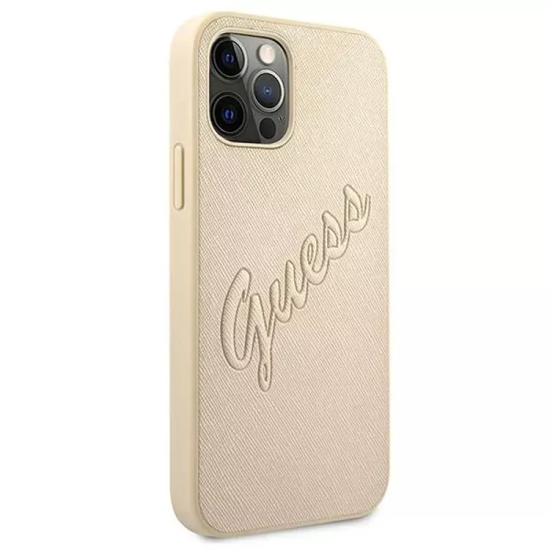 Guess Saffiano Vintage Script Custodia rigida per Apple iPhone 12 Pro Max 6,7 pollici - oro
