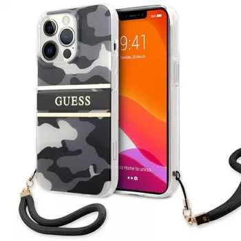 Guess GUHCP13LKCABBK Custodia rigida per iPhone 13 Pro / 13 6,1 pollici nero Camo Strap Collection