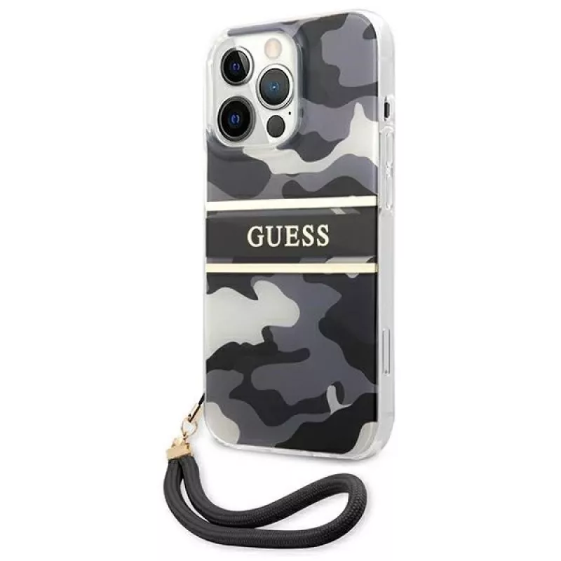 Guess GUHCP13LKCABBK Custodia rigida per iPhone 13 Pro / 13 6,1 pollici nero Camo Strap Collection