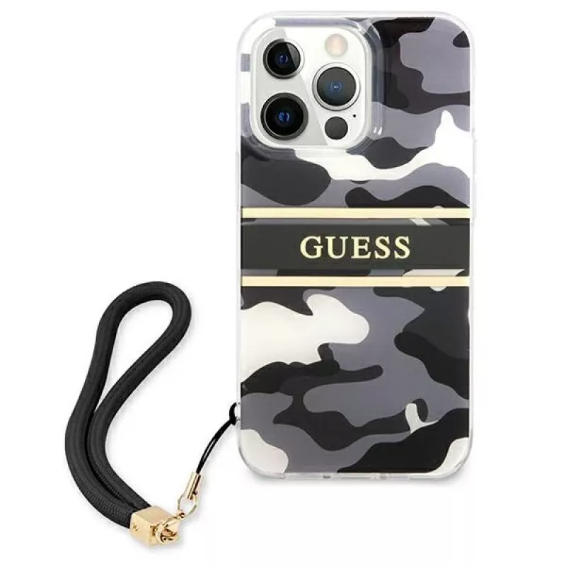 Guess GUHCP13XKCABBK Custodia rigida per iPhone 13 Pro Max Camo Strap Collection nero