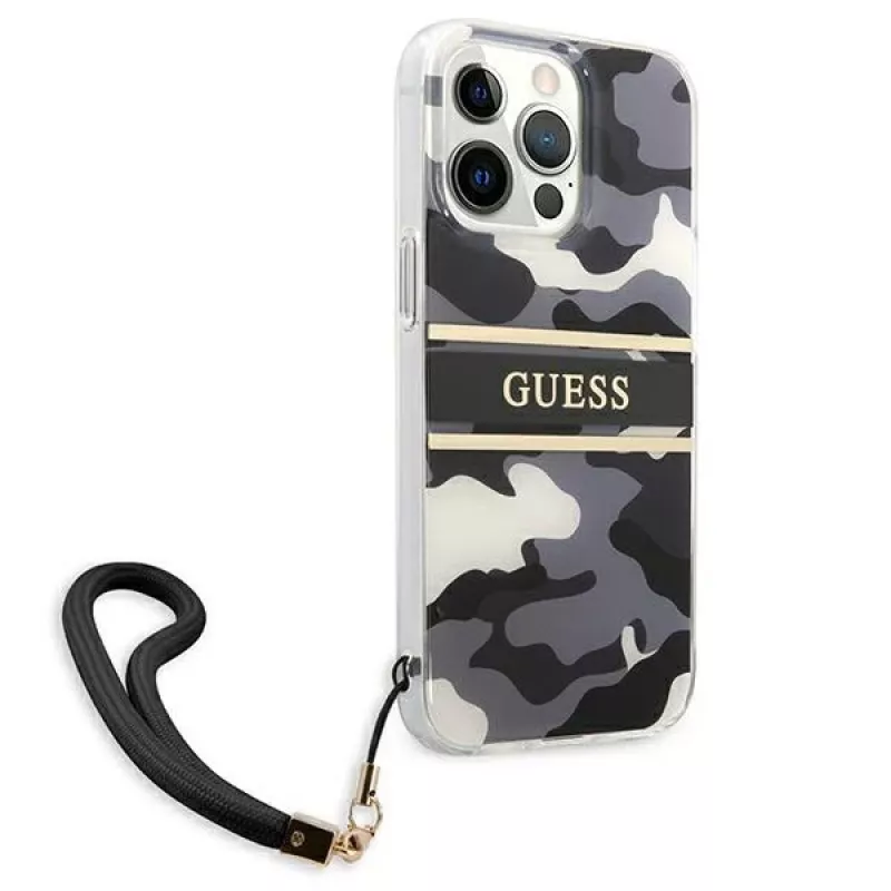 Guess GUHCP13XKCABBK Custodia rigida per iPhone 13 Pro Max Camo Strap Collection nero