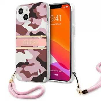 Guess GUHCP13MKCABPI Custodia rigida per iPhone 13 / 14 / 15 6,1 pollici rosa Camo Strap Collection
