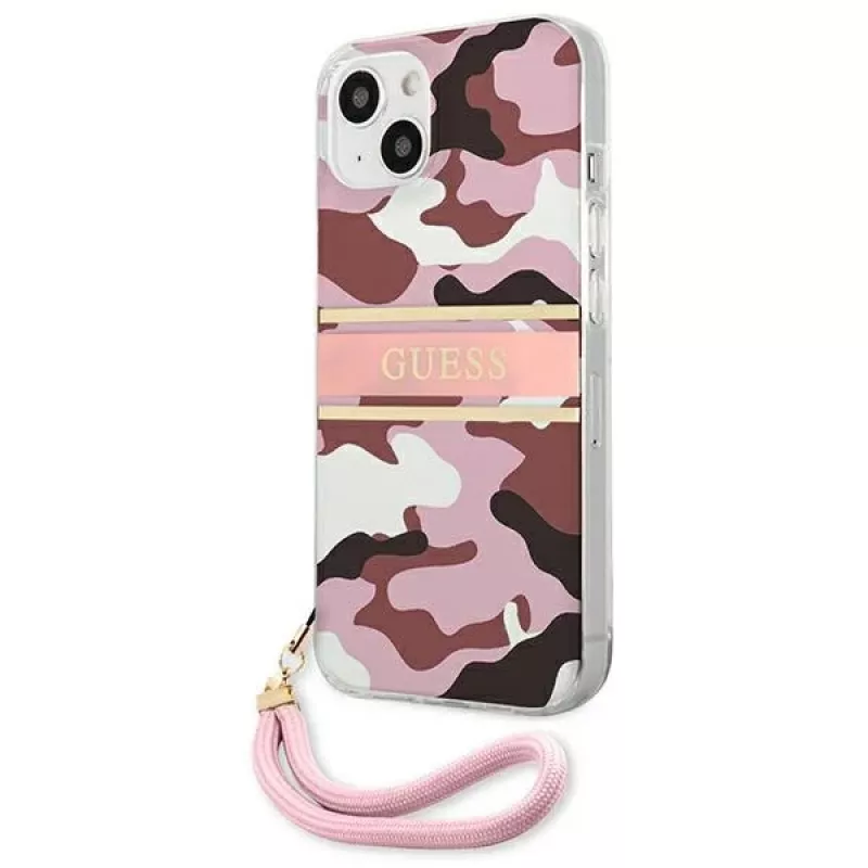 Guess GUHCP13MKCABPI Custodia rigida per iPhone 13 / 14 / 15 6,1 pollici rosa Camo Strap Collection