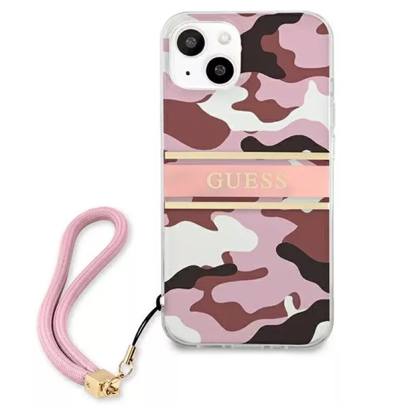 Guess GUHCP13MKCABPI Custodia rigida per iPhone 13 / 14 / 15 6,1 pollici rosa Camo Strap Collection