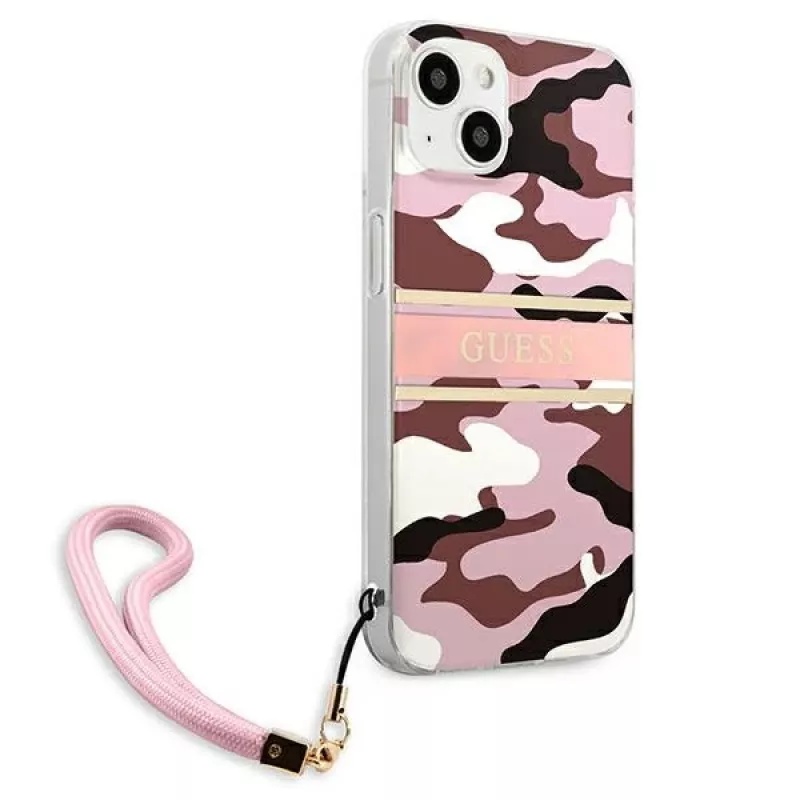 Guess GUHCP13MKCABPI Custodia rigida per iPhone 13 / 14 / 15 6,1 pollici rosa Camo Strap Collection