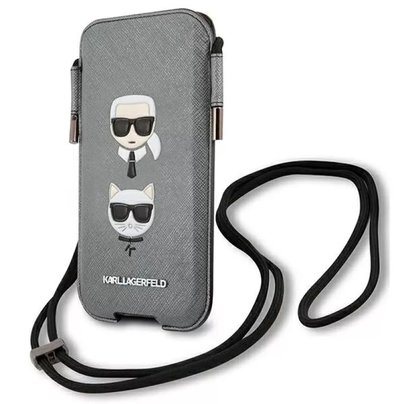 Karl Lagerfeld Ikonik Hardcase per Apple iPhone 12 Pro Max, grigio Saffiano PU, design Karl & Choupette Head