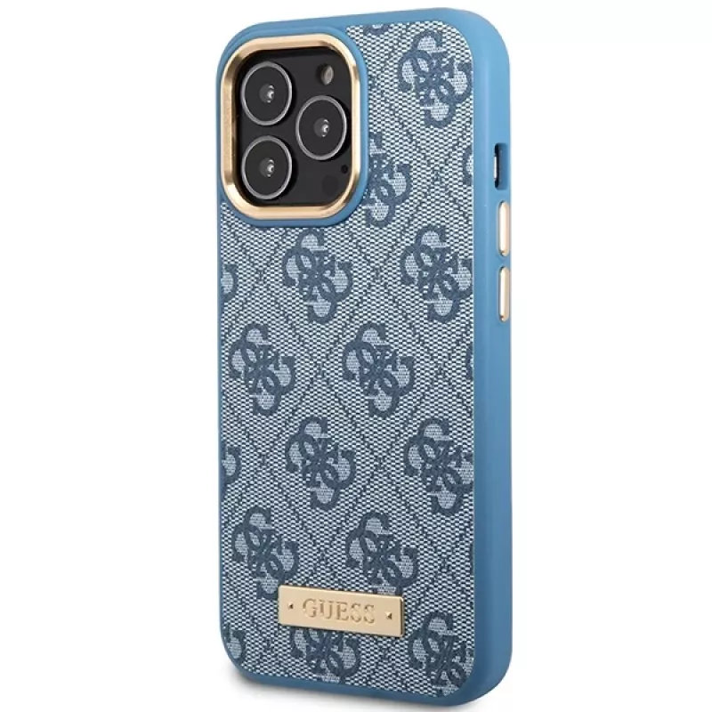 Guess GUHMP14LU4GPRB Custodia rigida per iPhone 14 Pro 6,1 inch blu 4G Logo Plate MagSafe