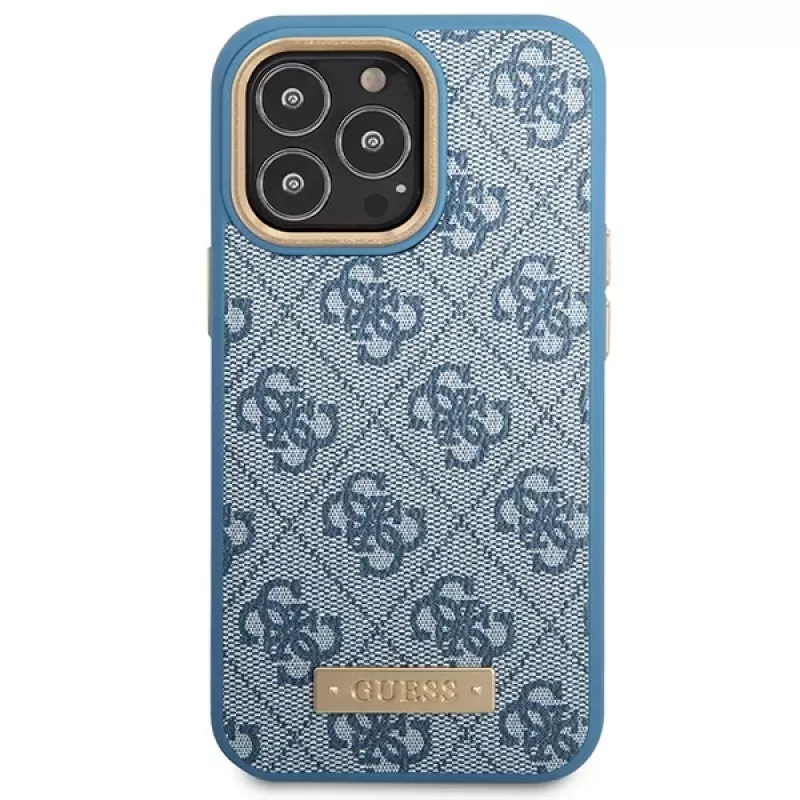 Guess GUHMP14LU4GPRB Custodia rigida per iPhone 14 Pro 6,1 inch blu 4G Logo Plate MagSafe