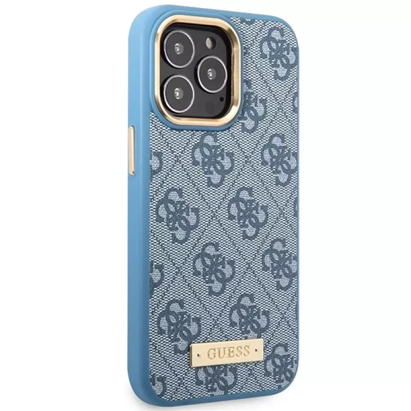 Guess GUHMP14LU4GPRB Custodia rigida per iPhone 14 Pro 6,1 inch blu 4G Logo Plate MagSafe