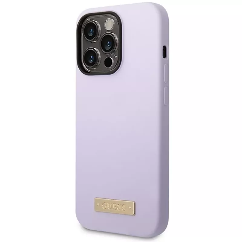 Guess GUHMP14LSBPLU Custodia rigida in silicone con logo plate per Apple iPhone 14 Pro 6,1