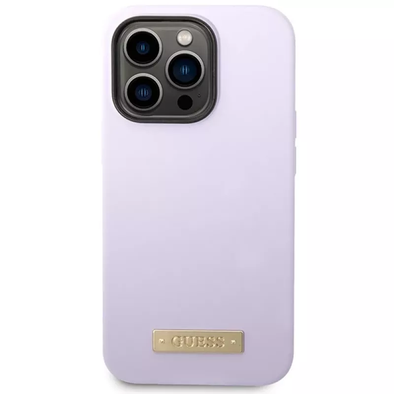 Guess GUHMP14LSBPLU Custodia rigida in silicone con logo plate per Apple iPhone 14 Pro 6,1