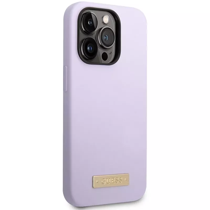 Guess GUHMP14LSBPLU Custodia rigida in silicone con logo plate per Apple iPhone 14 Pro 6,1
