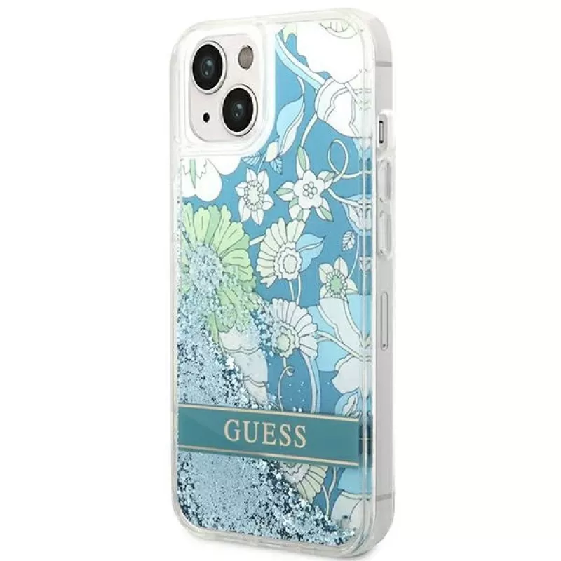 Guess GUHCP14SLFLSN Custodia rigida Flower Liquid Glitter per Apple iPhone 13 / 14 / 15 6,1