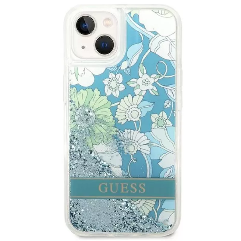 Guess GUHCP14SLFLSN Custodia rigida Flower Liquid Glitter per Apple iPhone 13 / 14 / 15 6,1