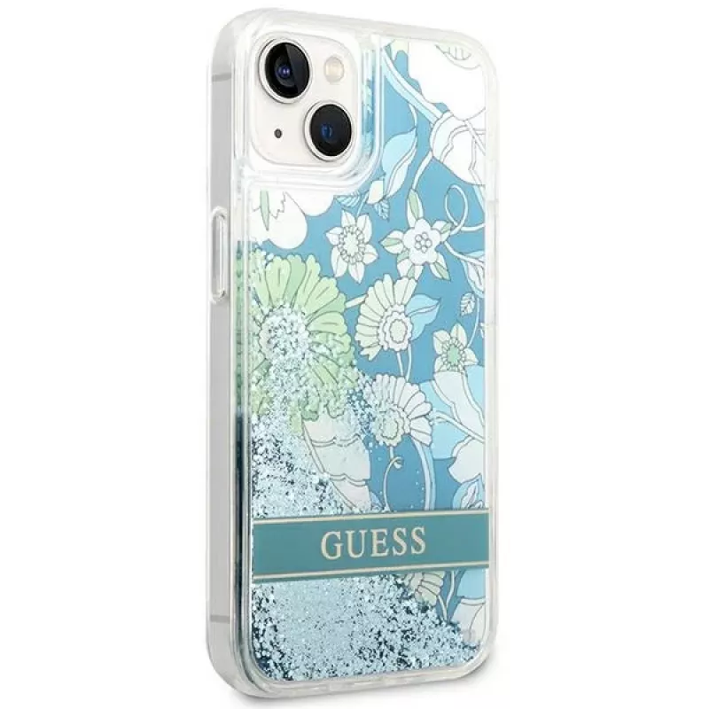 Guess GUHCP14SLFLSN Custodia rigida Flower Liquid Glitter per Apple iPhone 13 / 14 / 15 6,1