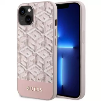 GUESS Custodia rigida per iPhone 13/14/15 rosa GCube Stripes MagSafe