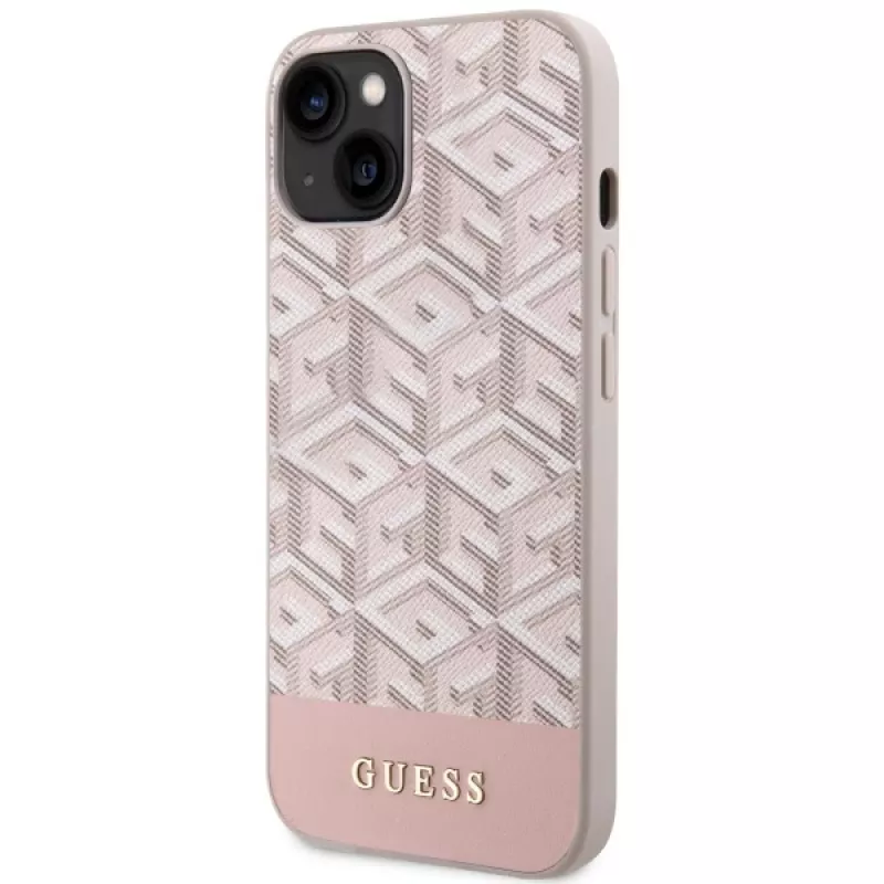 GUESS Custodia rigida per iPhone 13/14/15 rosa GCube Stripes MagSafe