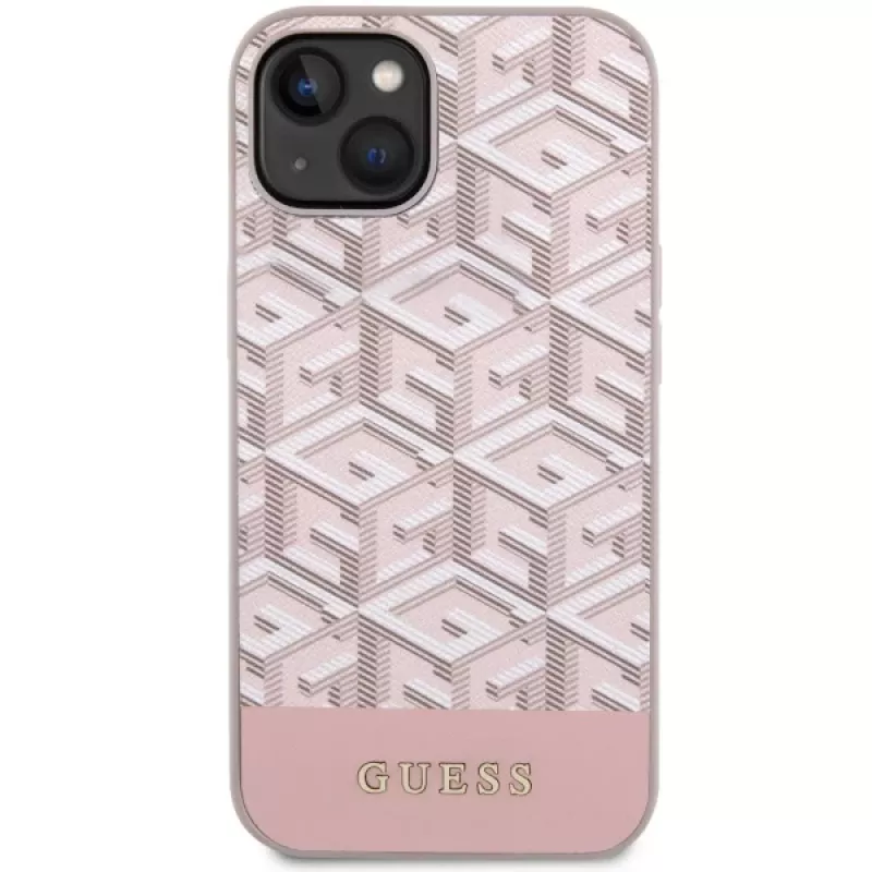 GUESS Custodia rigida per iPhone 13/14/15 rosa GCube Stripes MagSafe