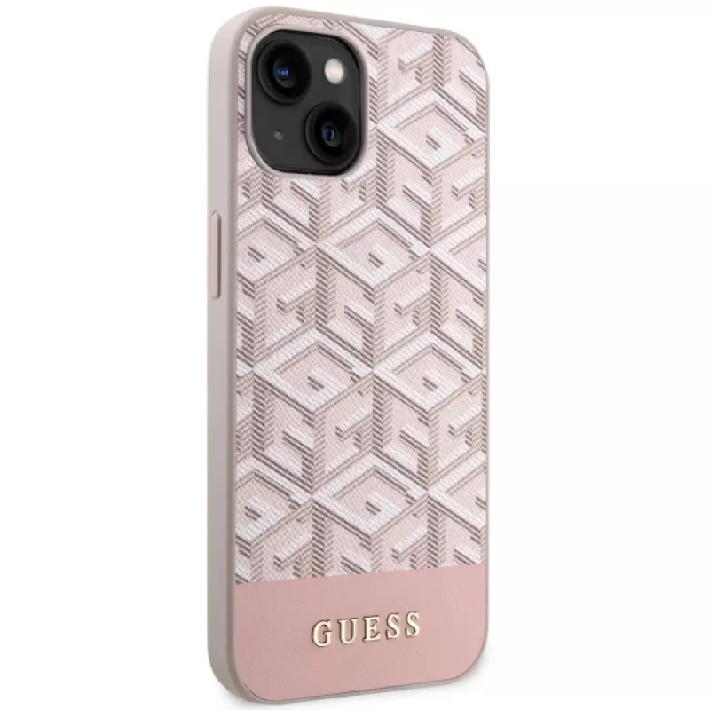 GUESS Custodia rigida per iPhone 13/14/15 rosa GCube Stripes MagSafe