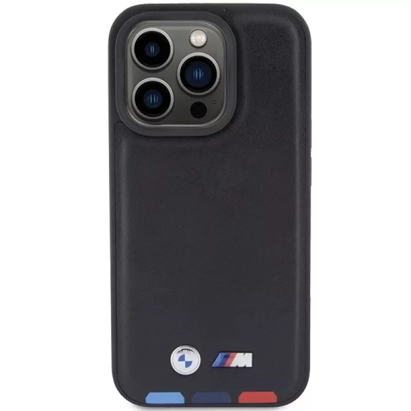 BMW Leather Stamp Tricolor Custodia per iPhone 15 Pro 6,1 inch nera