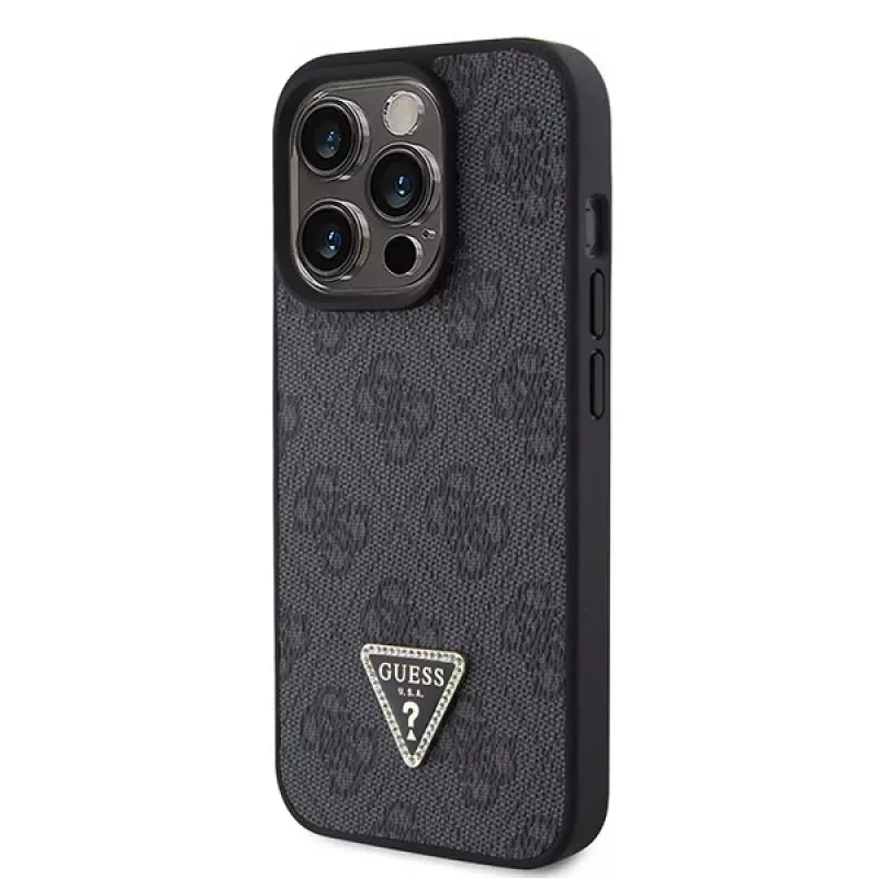 GUESS PU 4G Strass Triangle Metal Case + tracolla per iPhone 15 Pro nero
