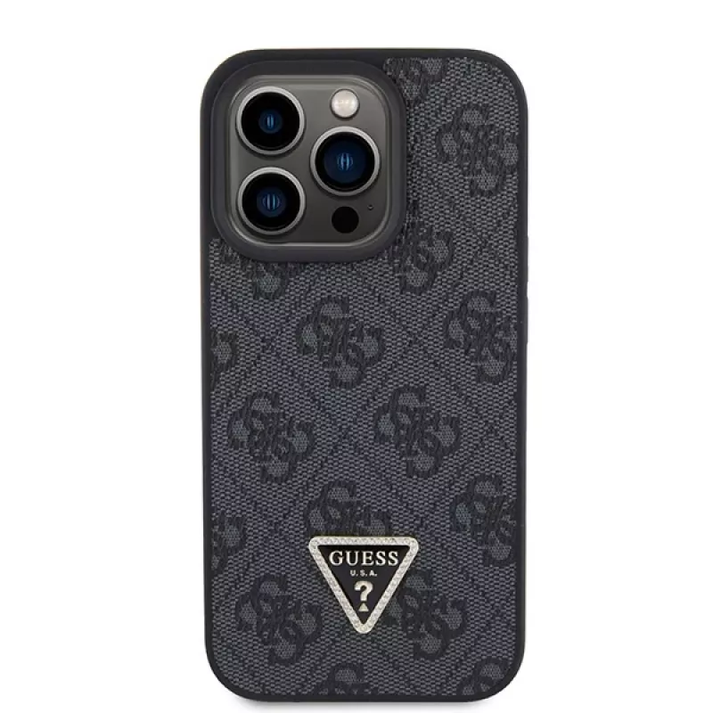 GUESS PU 4G Strass Triangle Metal Case + tracolla per iPhone 15 Pro nero