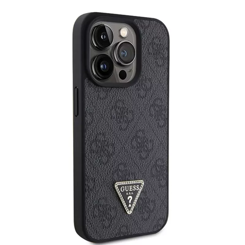 GUESS PU 4G Strass Triangle Metal Case + tracolla per iPhone 15 Pro nero
