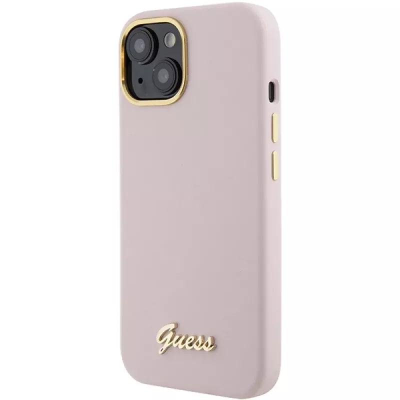 Guess GUHCP15SSMBSLP Custodia rigida in silicone con logo e cornice in metallo Script per Apple iPhone 15 / 14 / 13 6,1