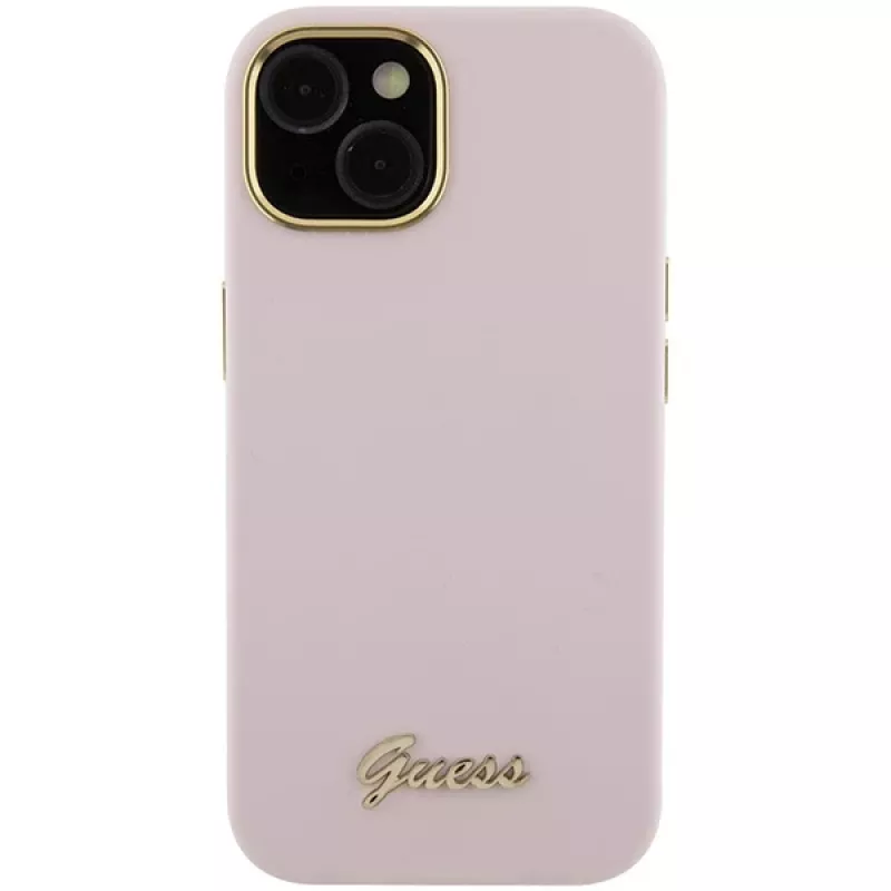 Guess GUHCP15SSMBSLP Custodia rigida in silicone con logo e cornice in metallo Script per Apple iPhone 15 / 14 / 13 6,1