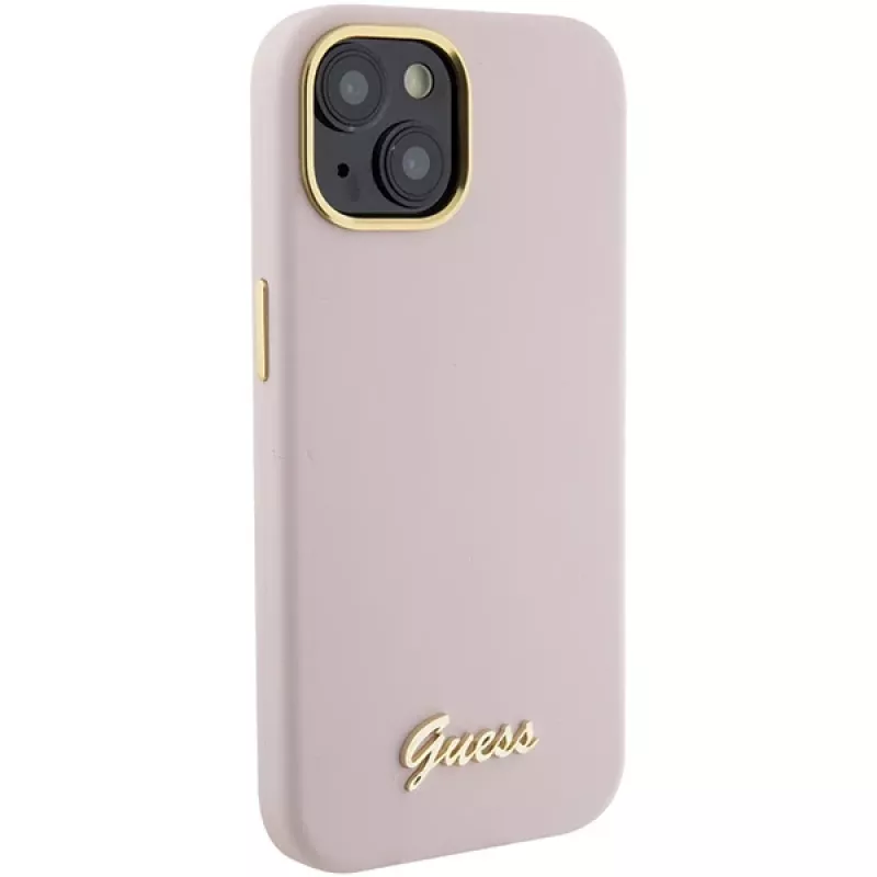 Guess GUHCP15SSMBSLP Custodia rigida in silicone con logo e cornice in metallo Script per Apple iPhone 15 / 14 / 13 6,1