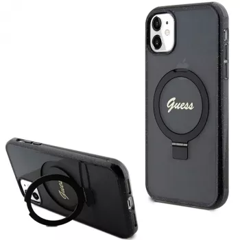 Custodia rigida Guess GUHMN61HRSGSK iPhone 11 / XR 6.1 nero Ring Stand Script Glitter MagSafe