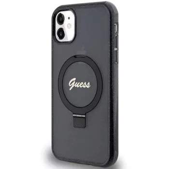 Custodia rigida Guess GUHMN61HRSGSK iPhone 11 / XR 6.1 nero Ring Stand Script Glitter MagSafe