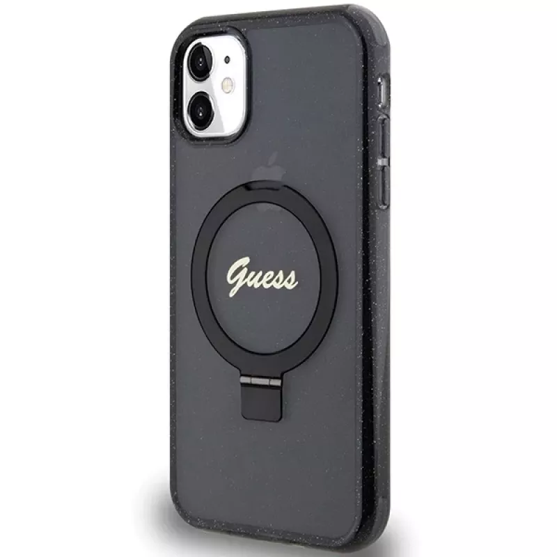 Custodia rigida Guess GUHMN61HRSGSK iPhone 11 / XR 6.1 nero Ring Stand Script Glitter MagSafe