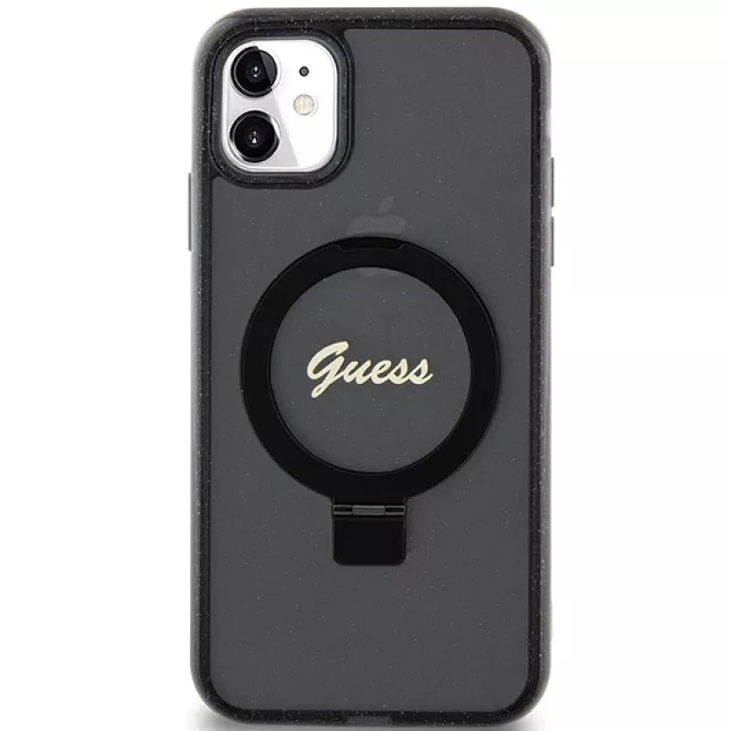 Custodia rigida Guess GUHMN61HRSGSK iPhone 11 / XR 6.1 nero Ring Stand Script Glitter MagSafe