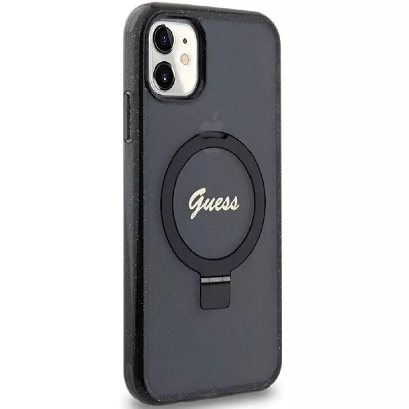Custodia rigida Guess GUHMN61HRSGSK iPhone 11 / XR 6.1 nero Ring Stand Script Glitter MagSafe