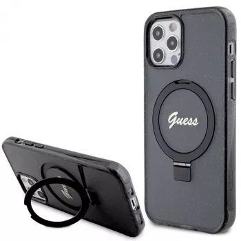 Custodia rigida Guess GUHMP12MHRSGSK iPhone 12/12 Pro 6.1 Ring Stand Script Glitter MagSafe nero