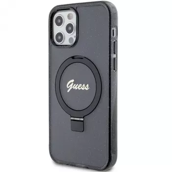 Custodia rigida Guess GUHMP12MHRSGSK iPhone 12/12 Pro 6.1 Ring Stand Script Glitter MagSafe nero