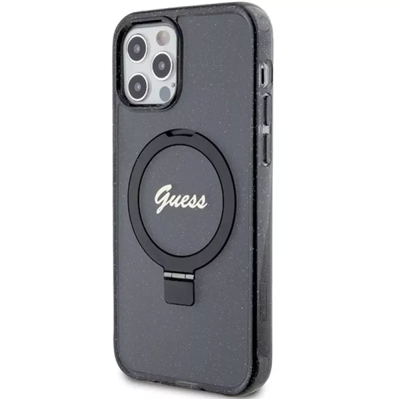 Custodia rigida Guess GUHMP12MHRSGSK iPhone 12/12 Pro 6.1 Ring Stand Script Glitter MagSafe nero