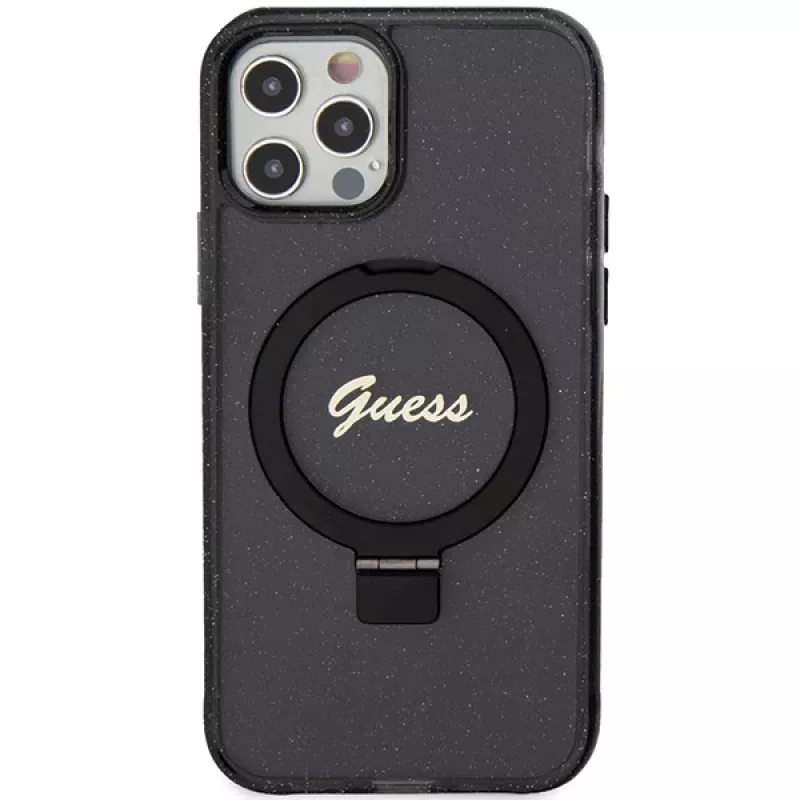 Custodia rigida Guess GUHMP12MHRSGSK iPhone 12/12 Pro 6.1 Ring Stand Script Glitter MagSafe nero