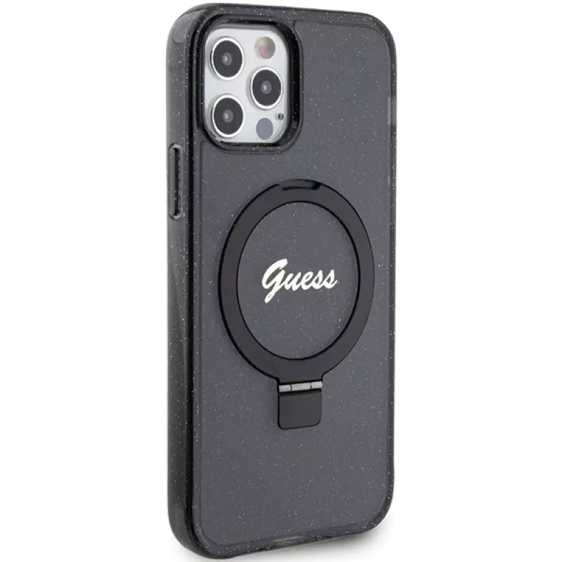 Custodia rigida Guess GUHMP12MHRSGSK iPhone 12/12 Pro 6.1 Ring Stand Script Glitter MagSafe nero