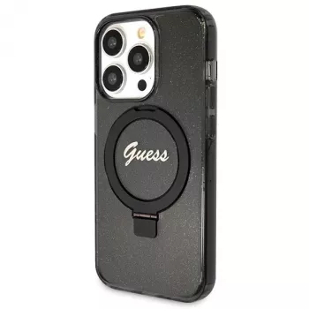 Custodia rigida Guess Script Glitter Collection Ring Stand MagSafe per iPhone 13 Pro / 13 6.1 nero