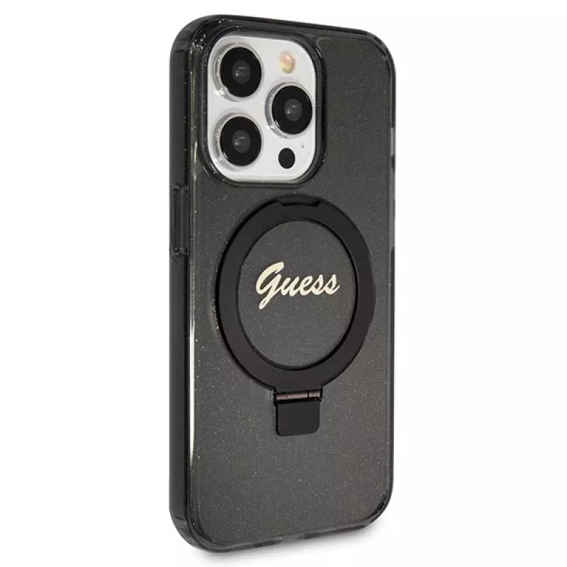 Custodia rigida Guess Script Glitter Collection Ring Stand MagSafe per iPhone 13 Pro / 13 6.1 nero