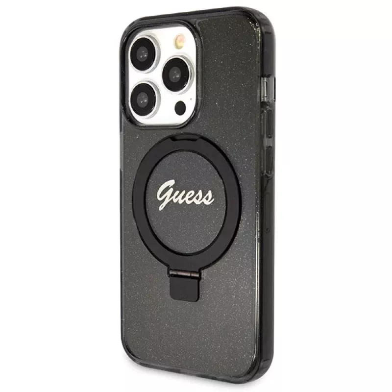 Custodia rigida Guess GUHMP14XHRSGSK iPhone 14 Pro Max 6.7 nero Ring Stand Script Glitter MagSafe