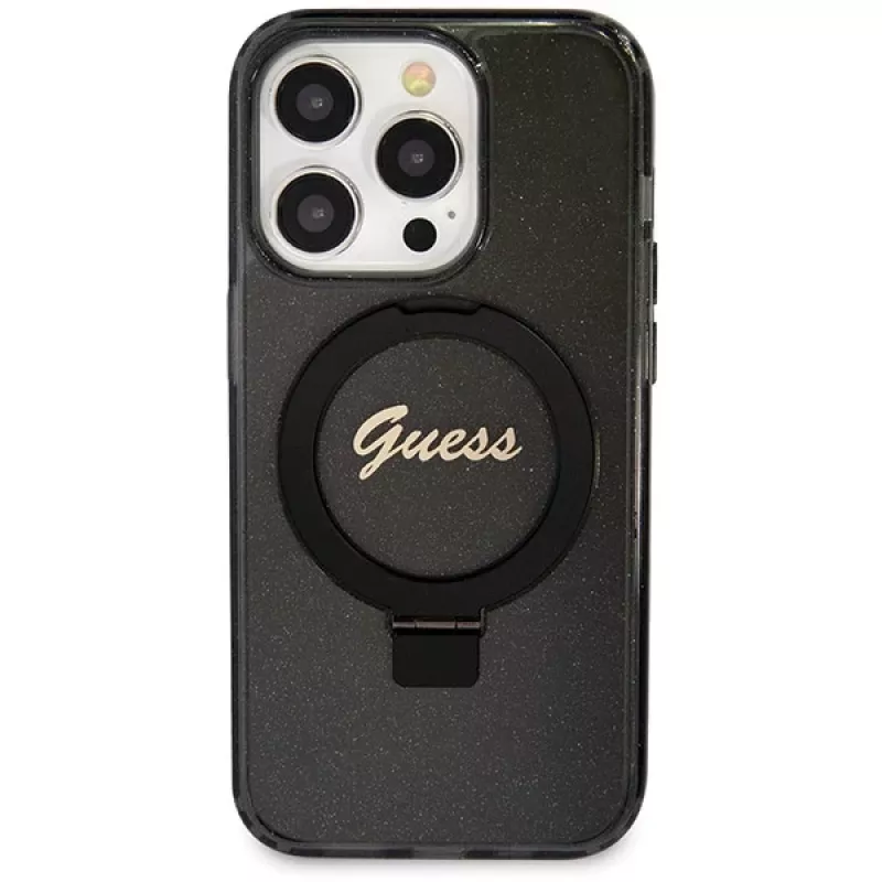Custodia rigida Guess GUHMP14XHRSGSK iPhone 14 Pro Max 6.7 nero Ring Stand Script Glitter MagSafe