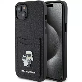 Custodia rigida Karl Lagerfeld KLHCP15SSAPKCNPK iPhone 15 / 14 / 13 6.1 nero Saffiano porta carte Karl & Choupette spilla in metallo